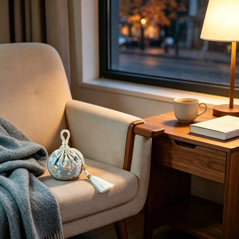 Quiet Evening Autumn Herbal Sachet in a western window reading corner with single tassel — Rhythm of Nature