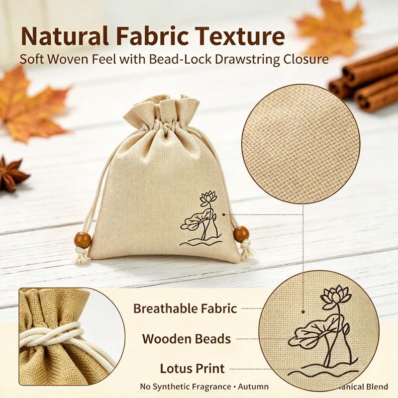 Fabric texture, drawstring bead & lotus‑print detail of Autumn osmanthus sachet — Rhythm of Nature seasonal living
