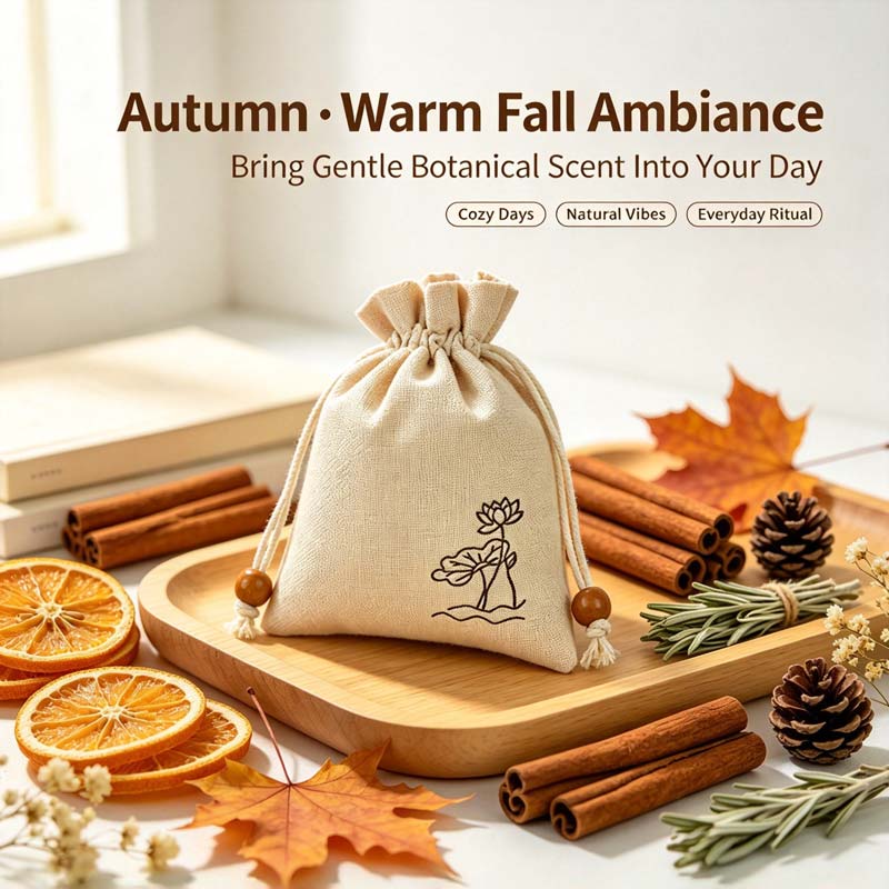 Autumn lifestyle still‑life with osmanthus botanical sachet — Rhythm of Nature seasonal living