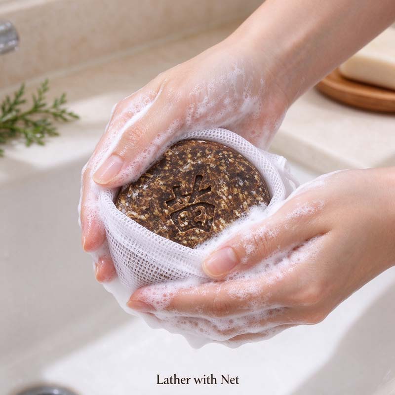 Autumn herbal shampoo bar lathering demonstration with mesh pouch — Rhythm of Nature seasonal living