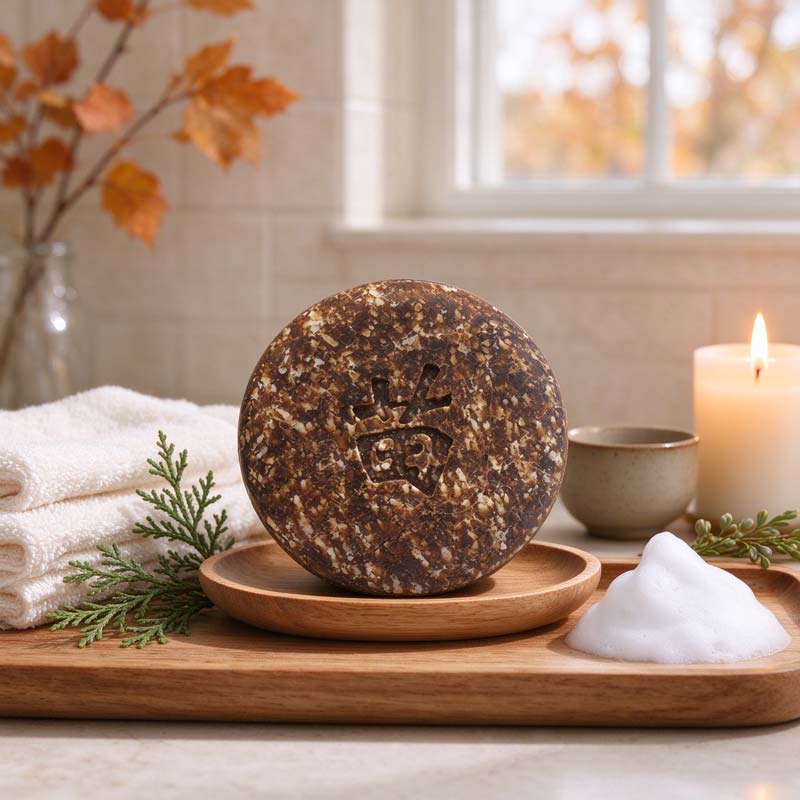 Autumn herbal shampoo bar laid in autumn home ritual setting — Rhythm of Nature seasonal living