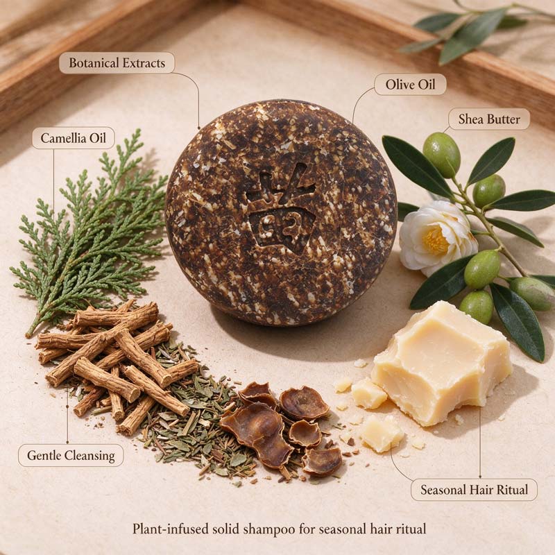 Botanical raw materials & plant oils for autumn herbal solid shampoo bar — Rhythm of Nature seasonal living