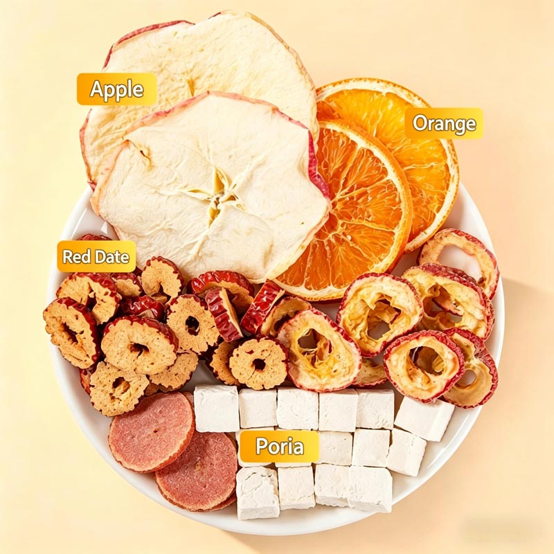 Ingredients of Apple & Poria Cocos tea on a plate: apple, orange, red date and poria cubes