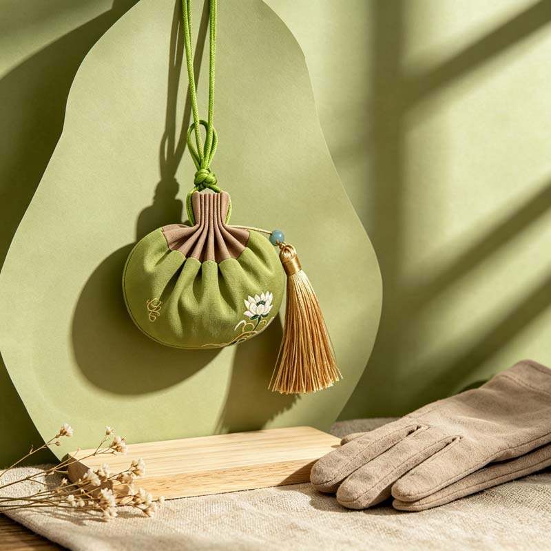Hand‑embroidered green fabric autumn herbal sachet with golden tassel — Rhythm of Nature seasonal living