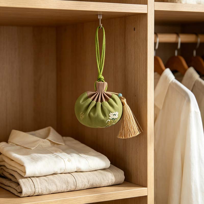 Autumn herbal sachet with golden tassel hanging inside wooden closet — Rhythm of Nature seasonal living