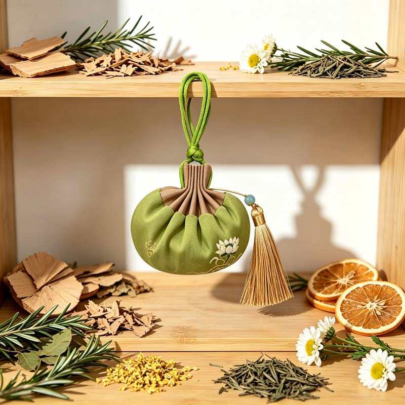 Autumn sachet surrounded by raw botanicals: cypress shavings, sweet orange peel, rosemary, chamomile and osmanthus — Rhythm of Nature seasonal living