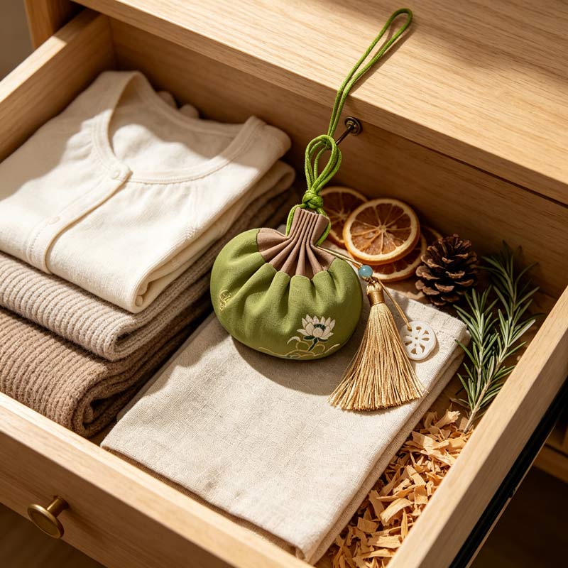 Autumn embroidered sachet placed inside linen drawer surrounded by dried cypress shavings and sweet orange peel — Rhythm of Nature seasonal living