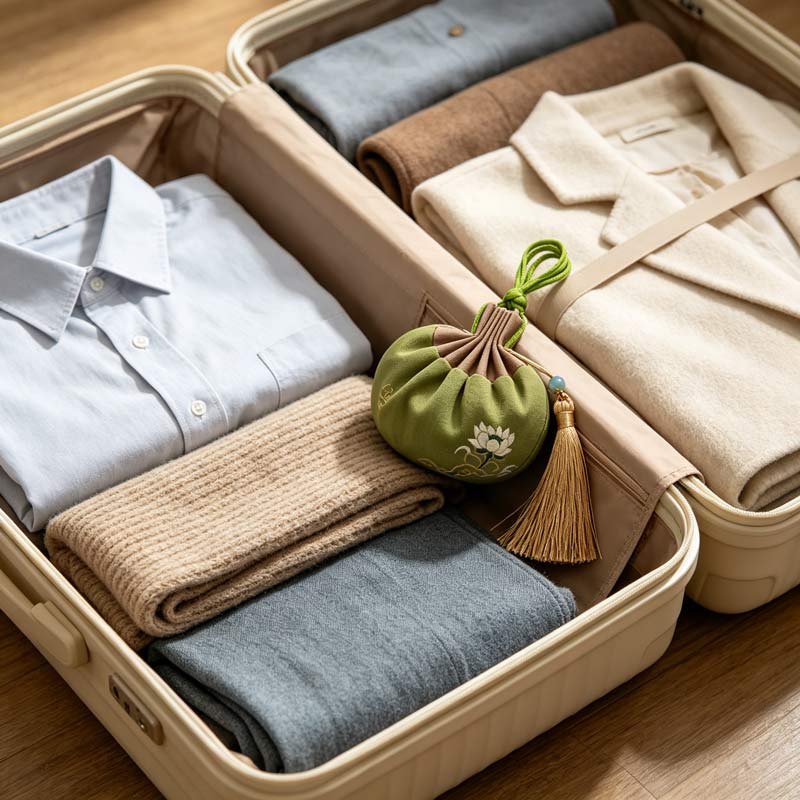 Autumn botanical scented sachet tucked inside travel suitcase for clothing — Rhythm of Nature seasonal living