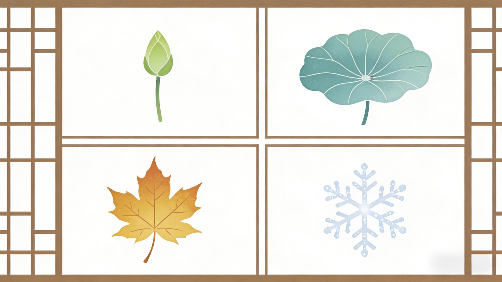 Four seasons in minimalist oriental style - spring bud, summer lotus, autumn maple, winter snowflake