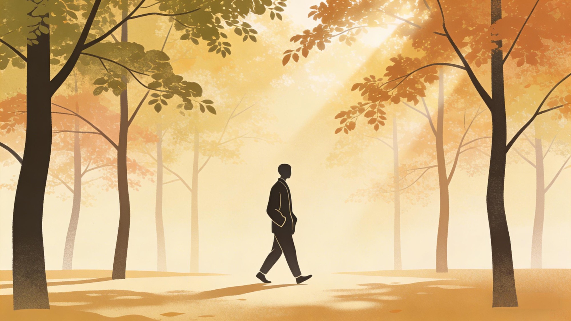 Minimalist oriental illustration of person walking through seasonal forest, gentle sunlight