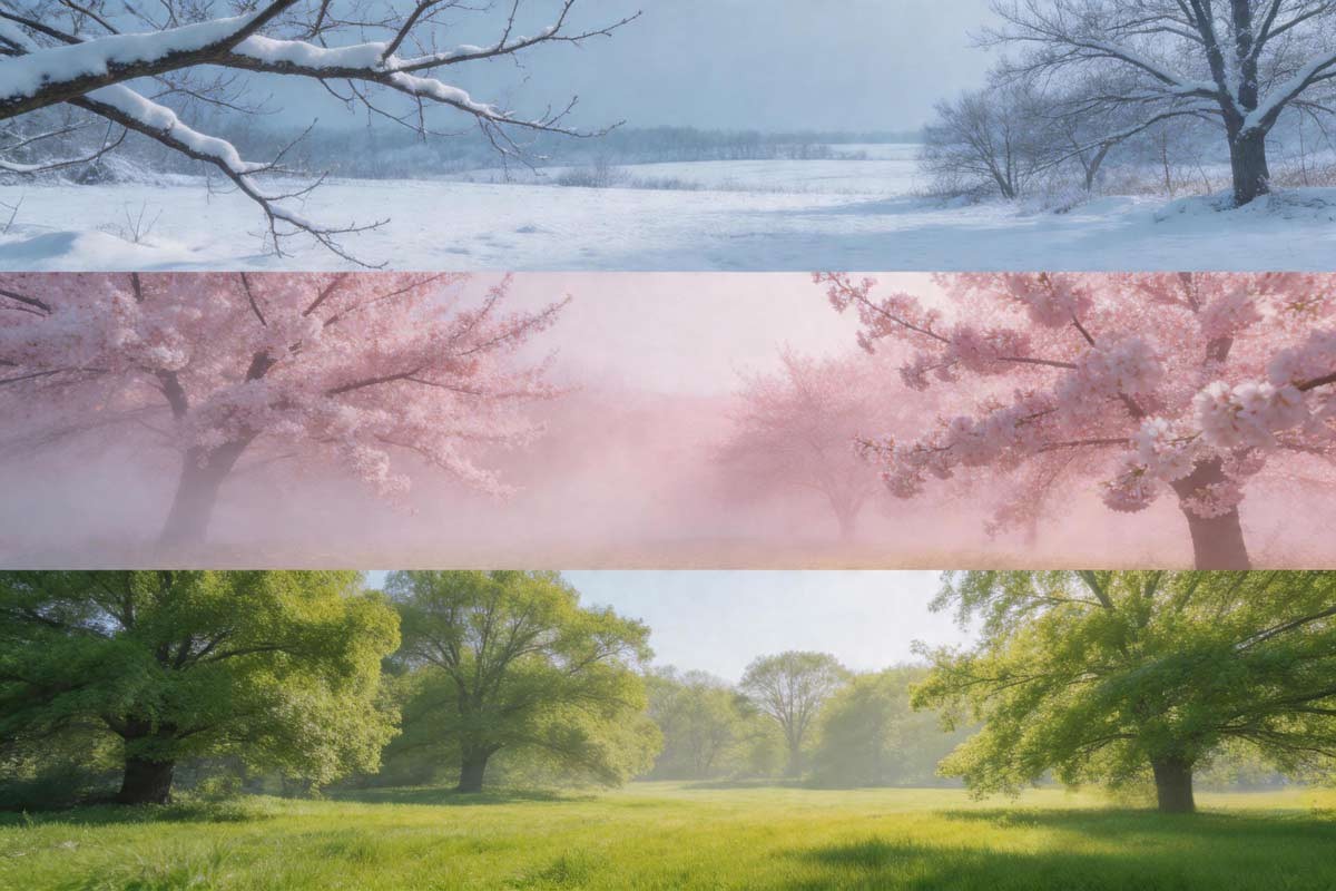 Stylized US early April: bloom, pollen haze, late snow hint&mdash;soft abstract bands.
