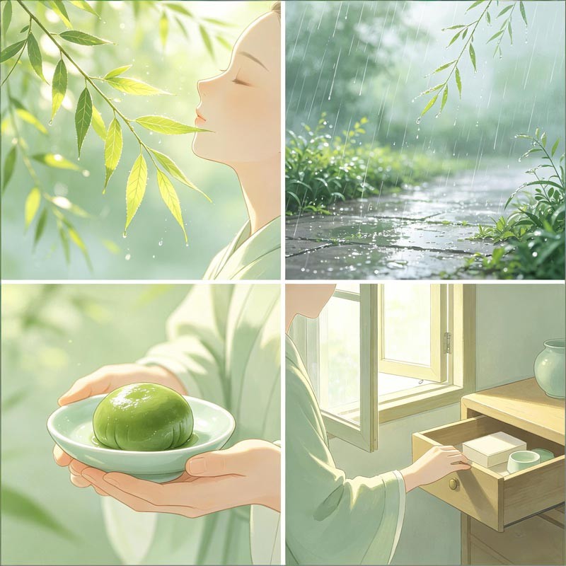 Four panels: bright sky, open window, tea steam, cleared shelf&mdash;Qing Ming rituals.