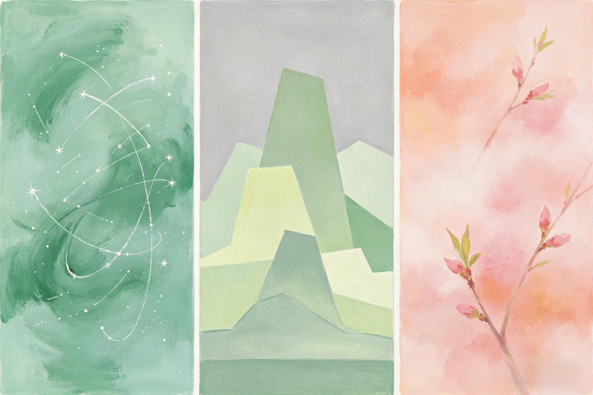 Three &ldquo;spring&rdquo; ideas&mdash;astronomical, meteorological, emotional&mdash;abstract soft panels.