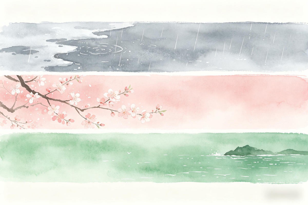 Stylized US late March&mdash;mud, bloom, snow line&mdash;soft abstract bands.