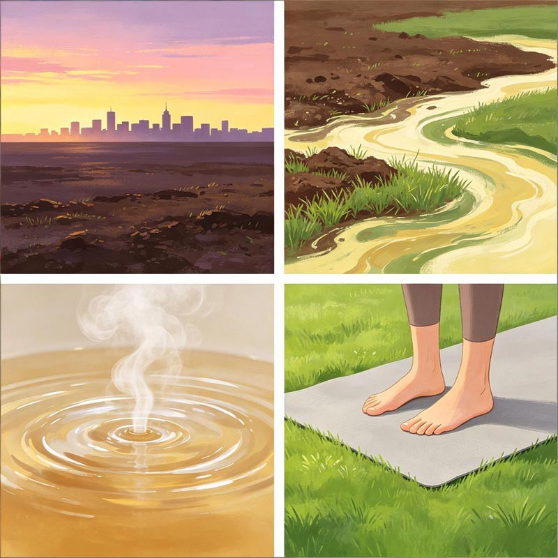 Four panels: horizon, soil smell, warm drink, balance pose or seesaw metaphor&mdash;Chun Fen.