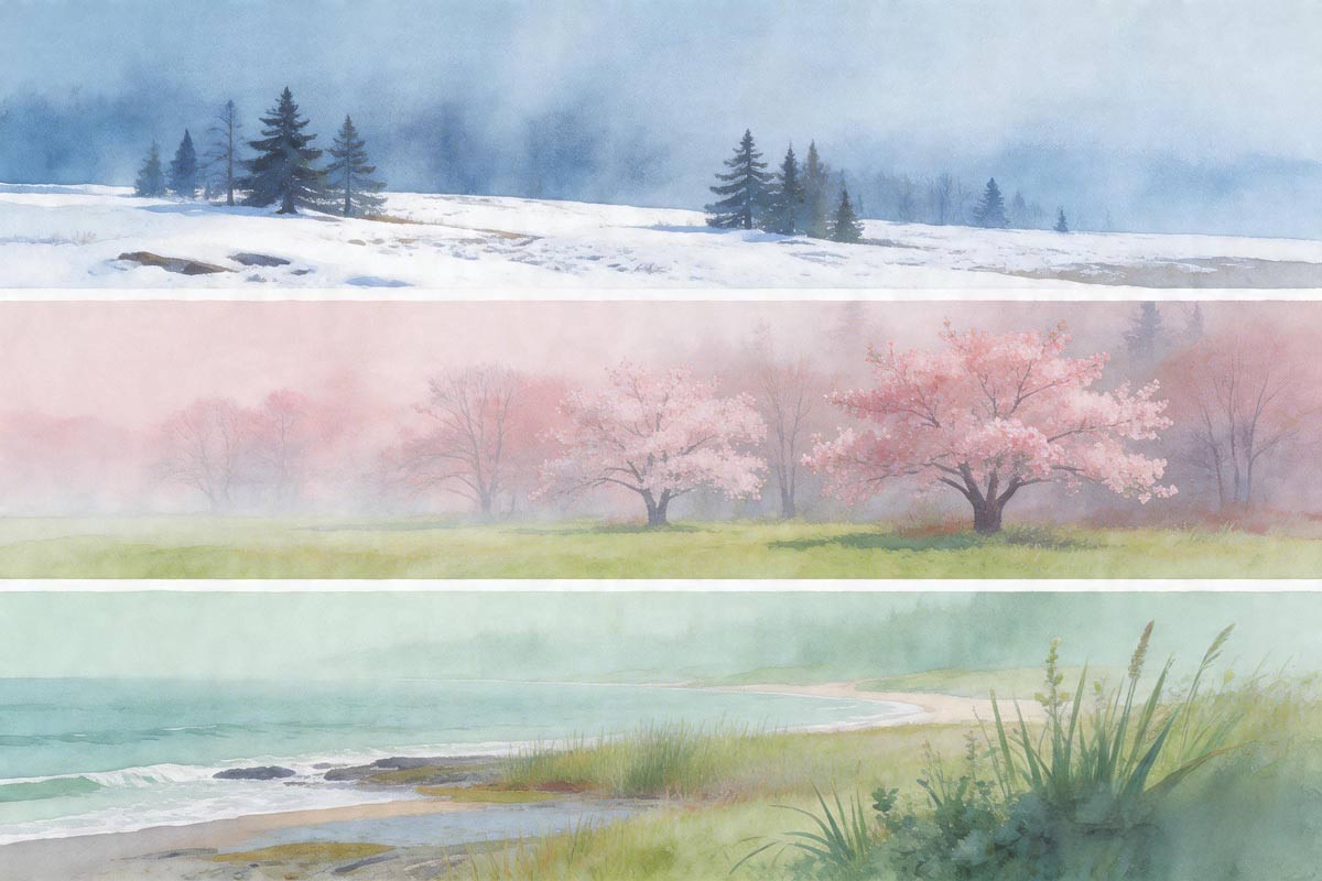 Stylized US early March&mdash;snow line, pollen haze, Gulf humidity&mdash;soft bands.