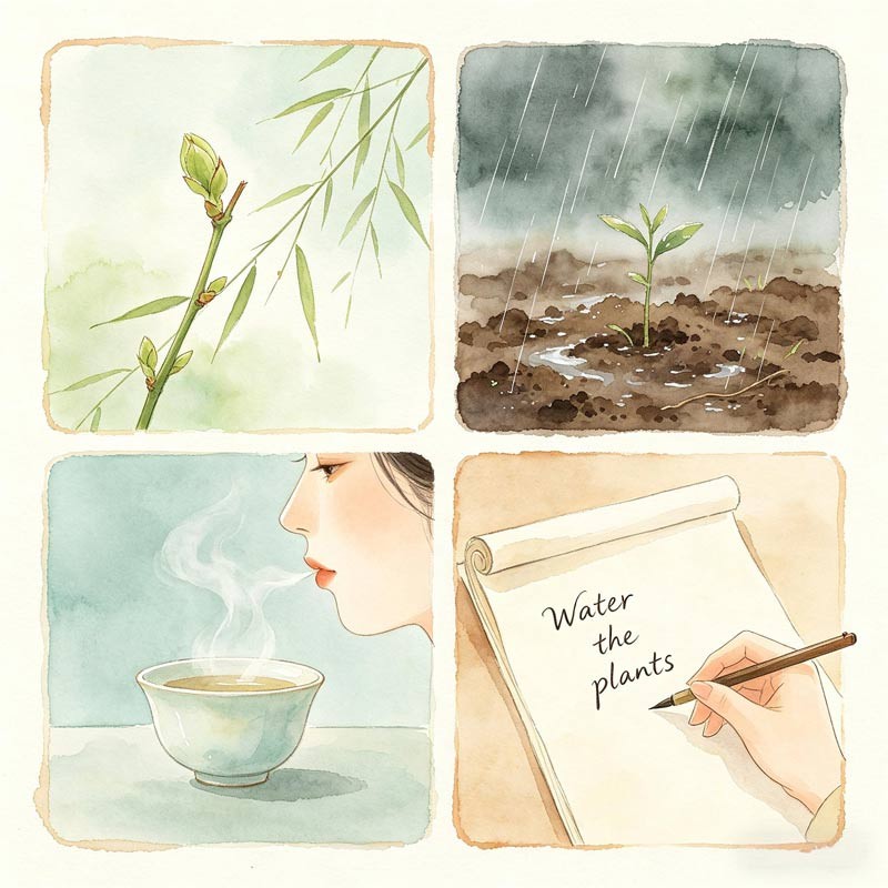 Four panels: thin ice crack, soil smell, warm sip, list with one item checked&mdash;Jing Zhe.