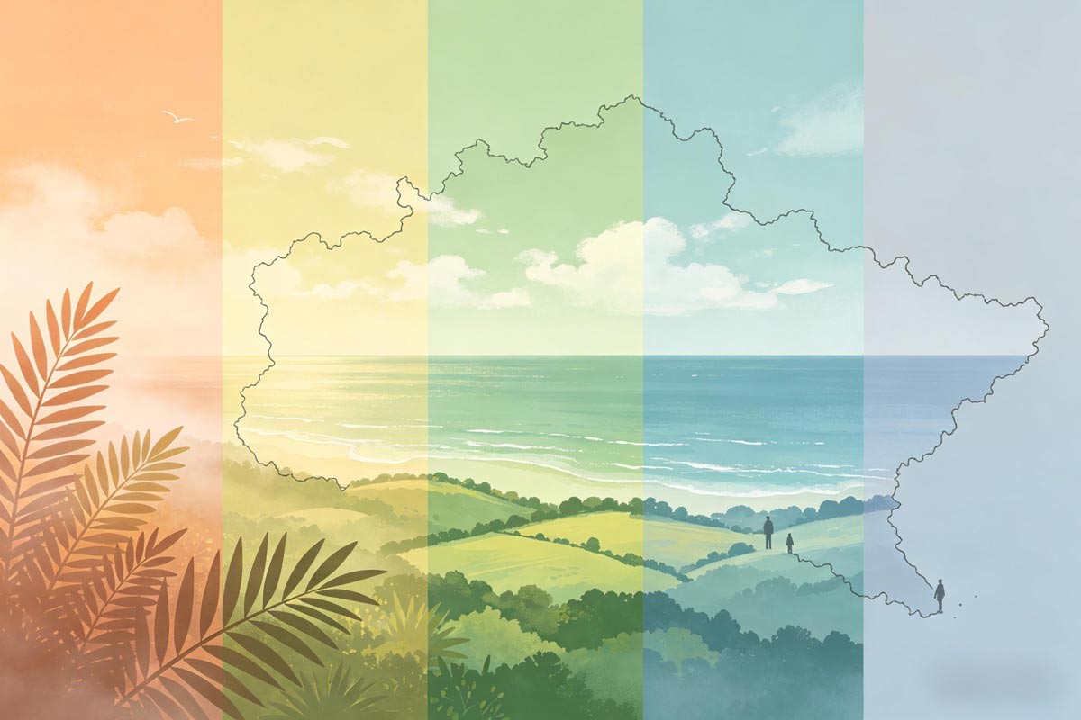 Stylized Northern Hemisphere US regions&mdash;warm south, mild coast, cool north&mdash;in soft abstract landscape bands.