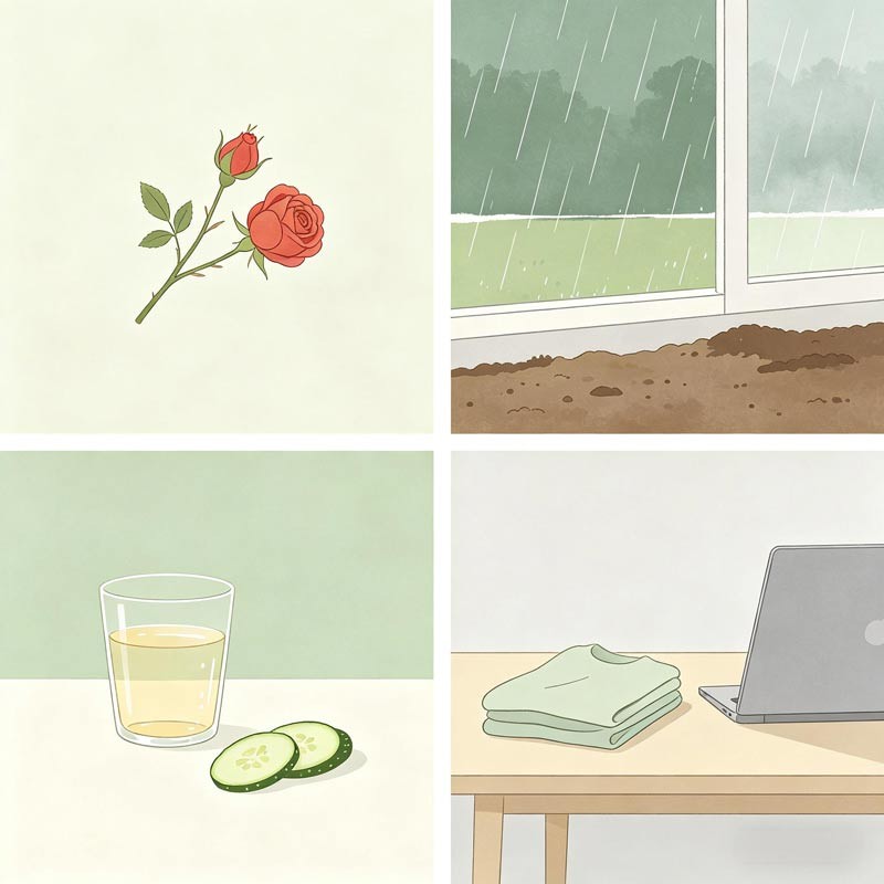 Four soft panels: look / smell / taste / do&mdash;Grain Buds micro-rituals, minimalist botanical calm.