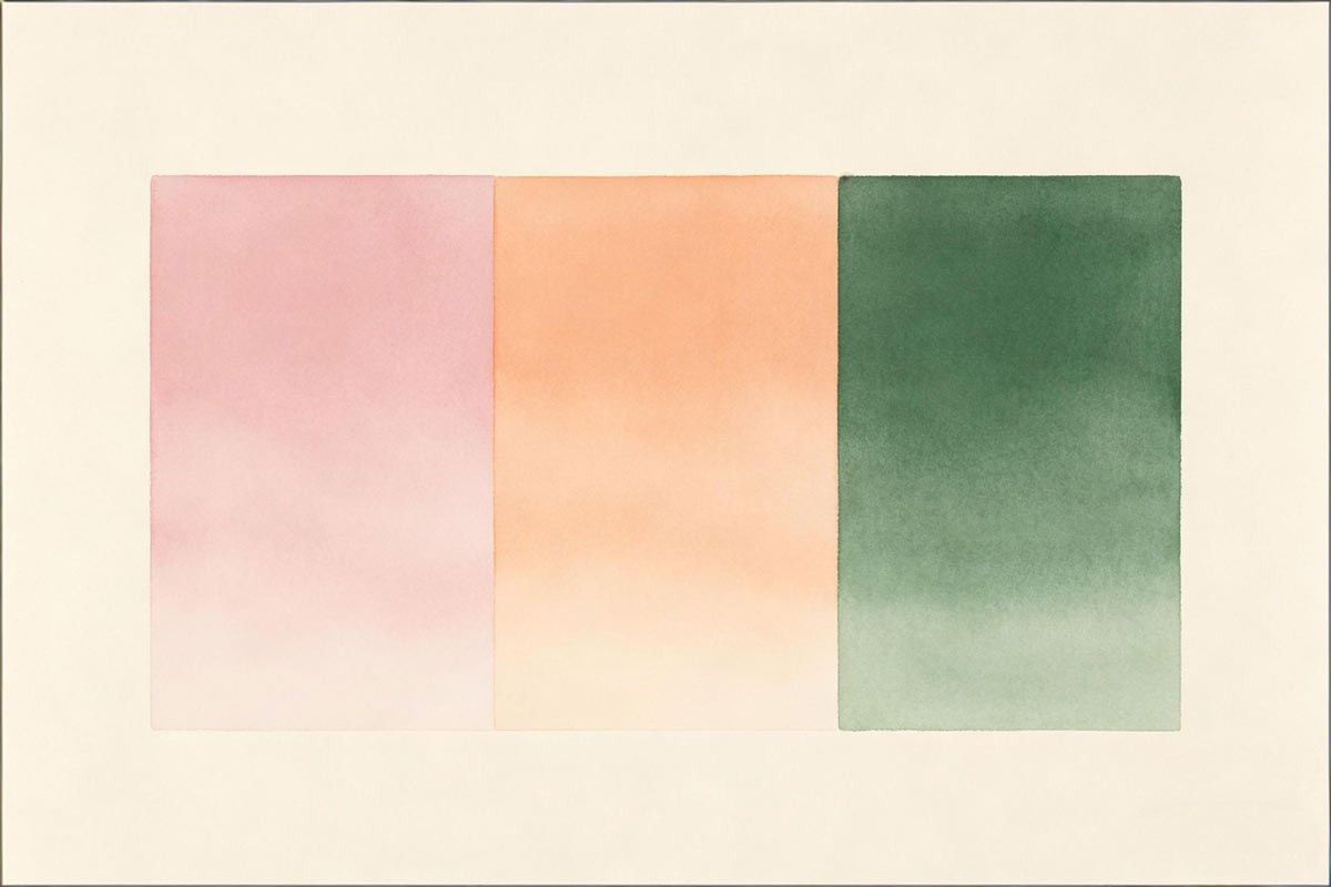Three June layers&mdash;school ending, heat rising, garden peak&mdash;abstract soft panels.