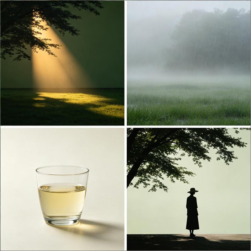 Four panels: golden hour, cut grass, cool drink, shaded pause&mdash;Grain in Ear (Mang Zhong) micro-rituals.