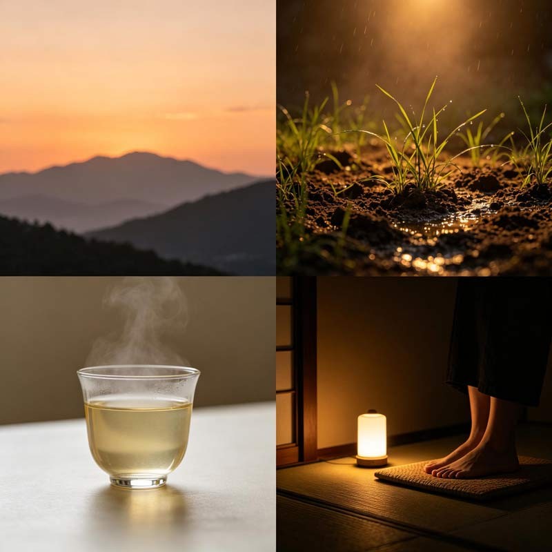 Four panels: late sunset, night air, cool foot bath, dim lamp—Xia Zhi calm.