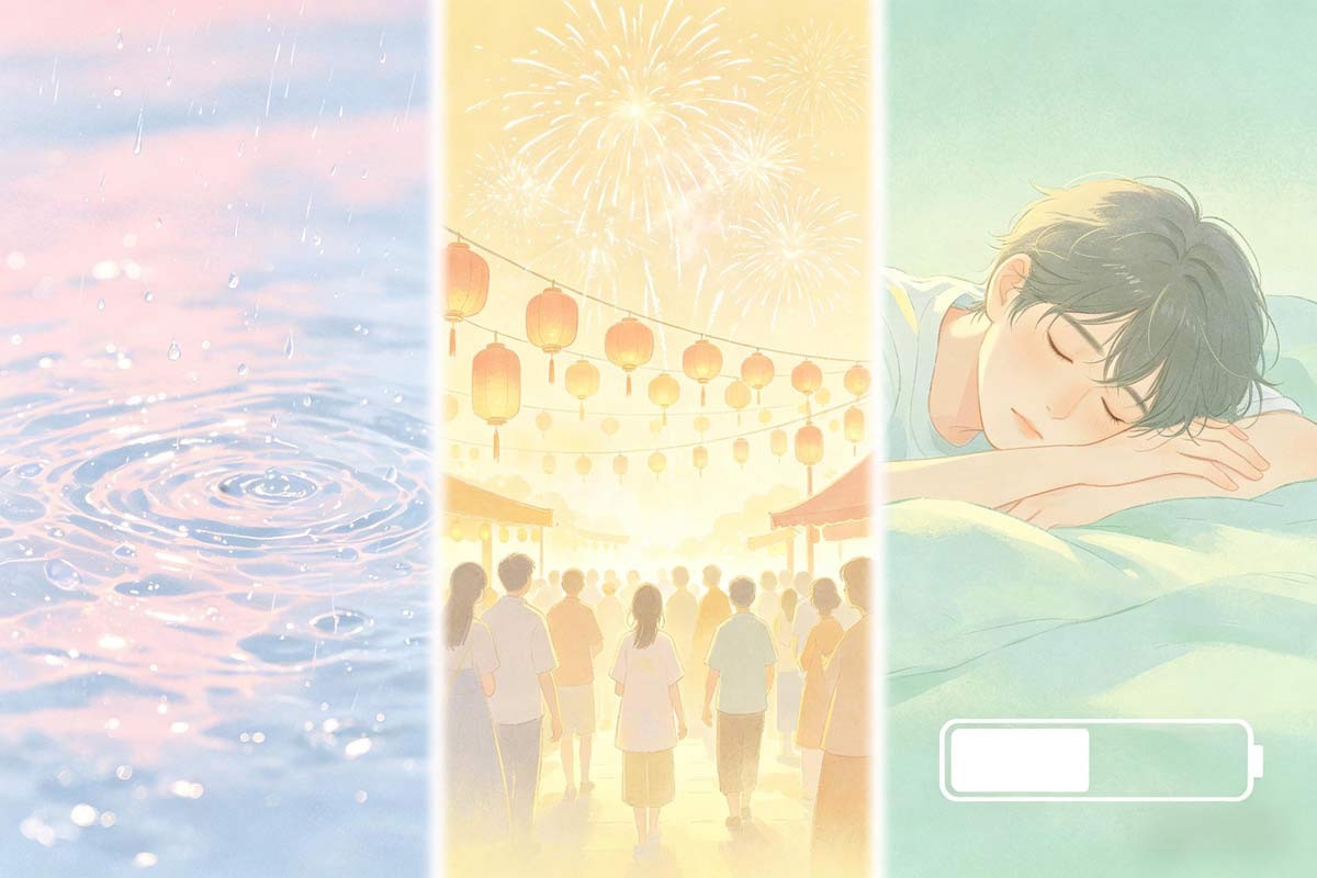 Three heat layers—heat index, calendar hype, body budget—abstract panels.