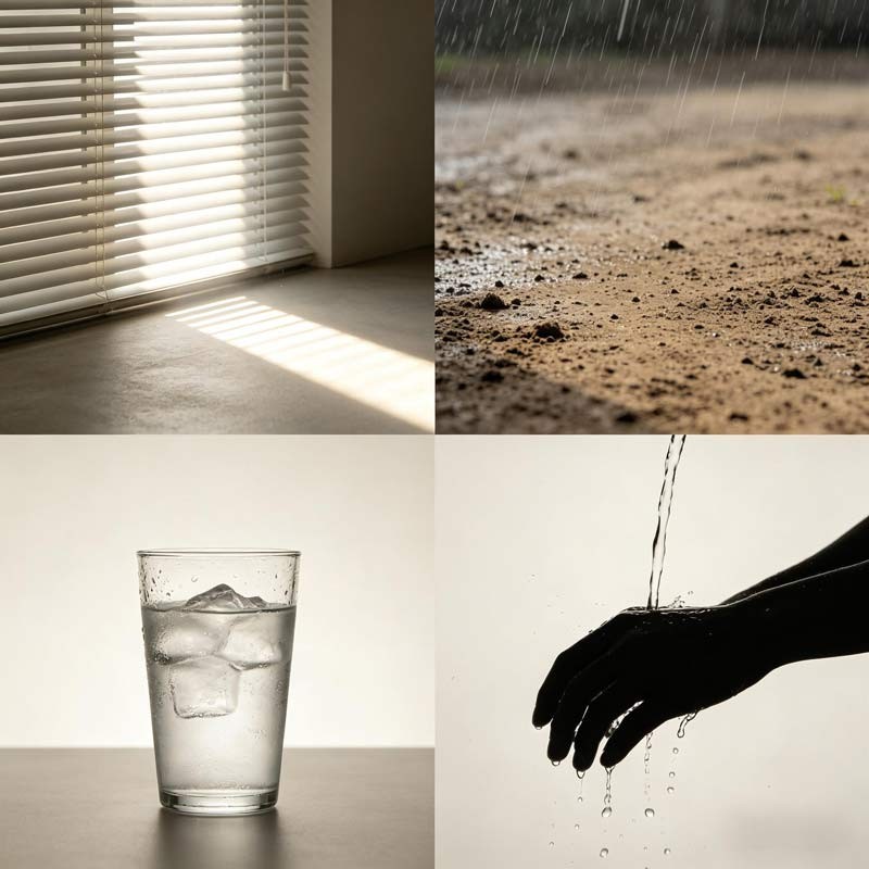 Four panels: shade edge, lime salt glass, fan blur, wrist under tap—Minor Heat rituals.