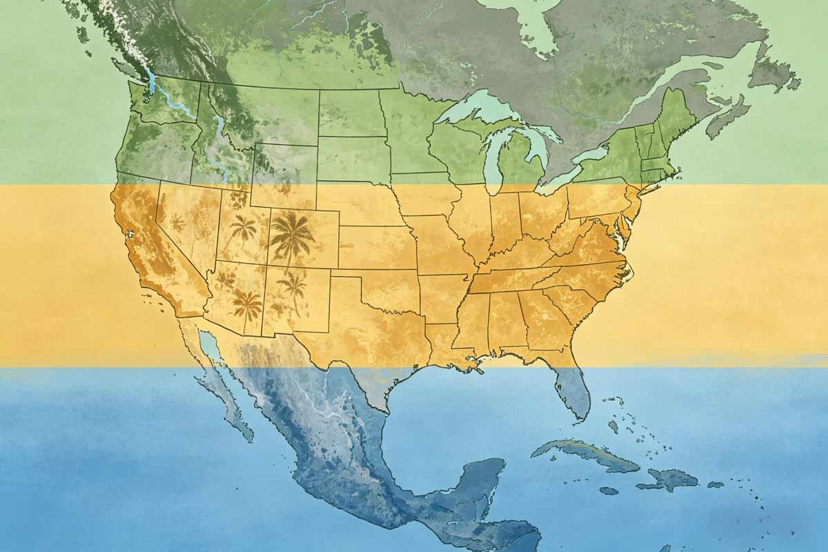 Stylized US late July&mdash;GC moisture, desert bake, marine mild&mdash;soft bands.
