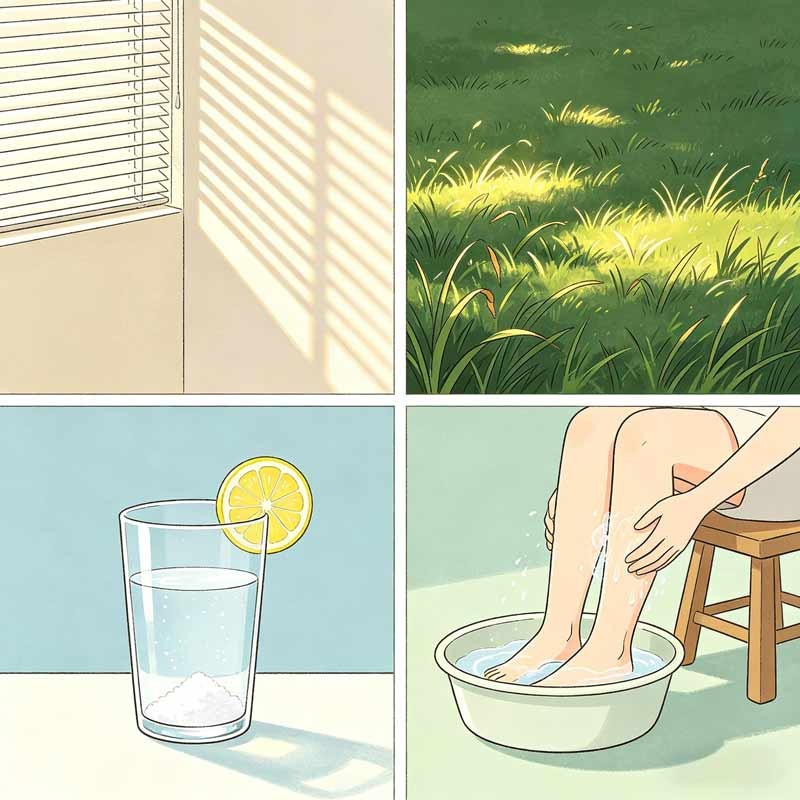 Four panels: fan breath, mint/cucumber water, dim room, feet in basin&mdash;Major Heat rituals.