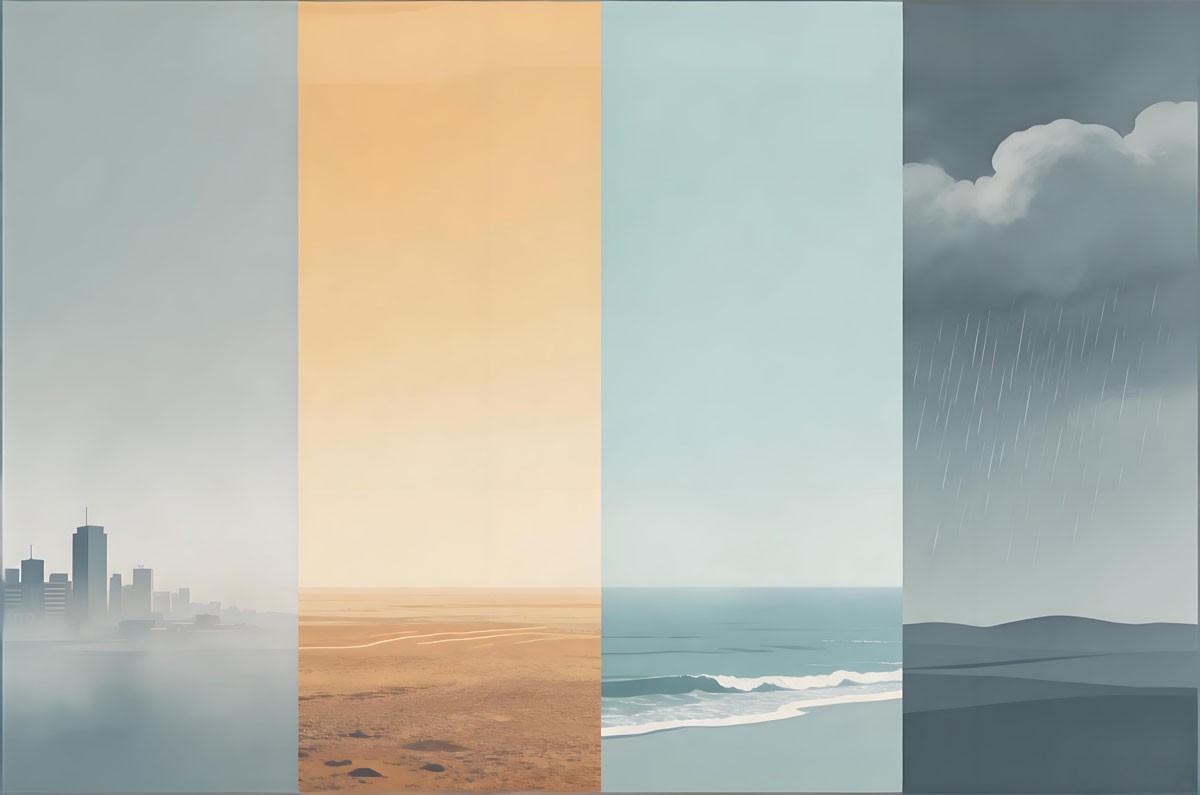 Early-August pattern strip: humid coast, dry inland, cooler marine edge, storm-prone areas.