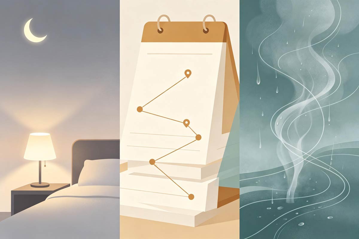 Three threads—cooler nights?, school week, humidity that won’t quit—abstract panels.