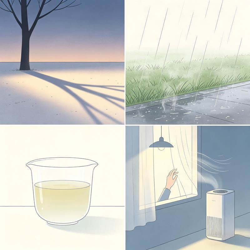 Four panels: longer twilight, cut grass cooling, barley tone, swap fan for open window—Chu Shu.