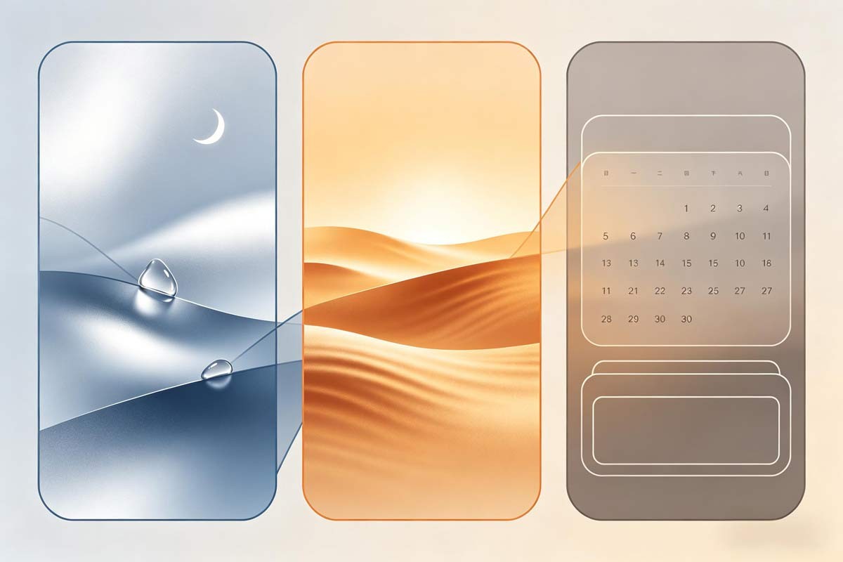 Three edges—calendar, thermometer, inbox—abstract soft panels.