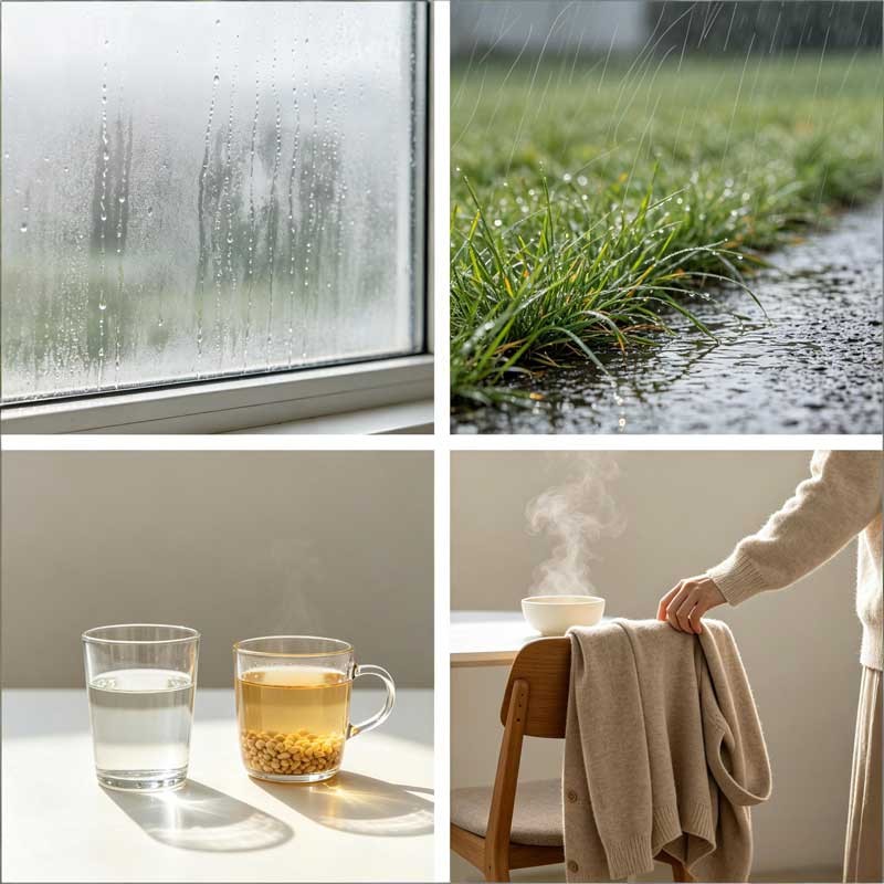 Four panels: sleeve at dawn, dew, herbal steam (no claims), jacket on chair—Bai Lu.