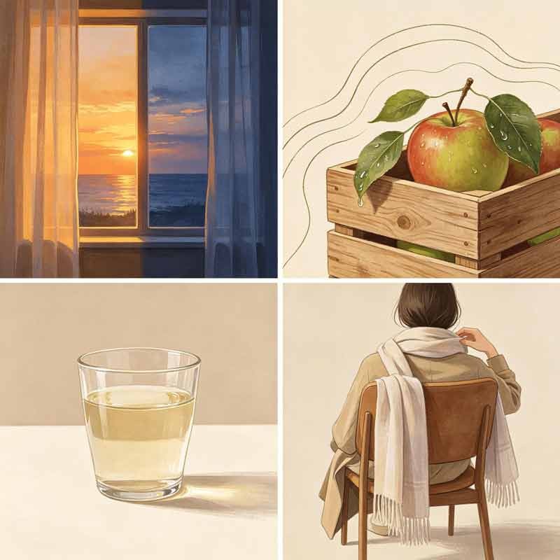 Four panels: half-light window, apple steam, scarf edge, kettle—Qiu Fen.