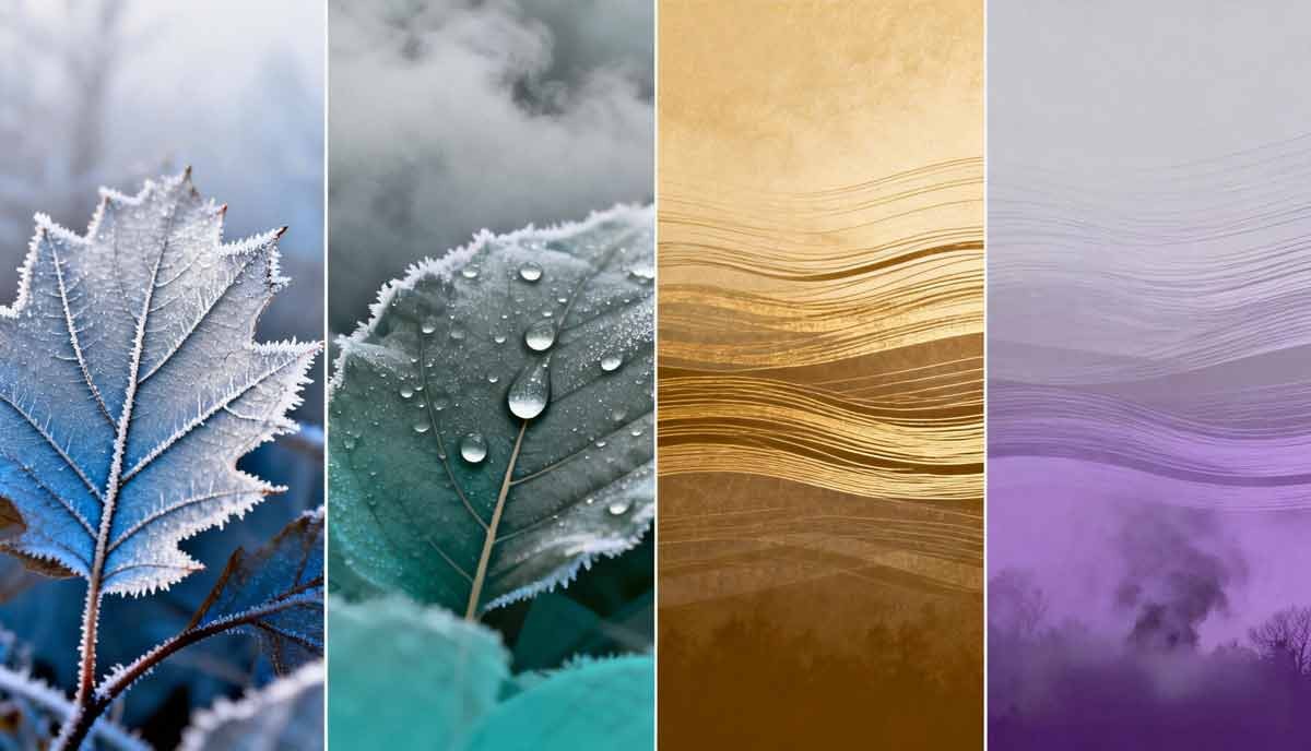 Stylized early October in the Northern Hemisphere&mdash;frosty north, humid south, dry west&mdash;soft bands.