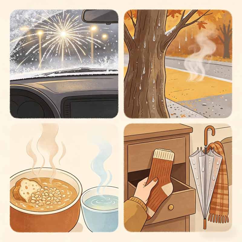 Four panels: kettle steam, wool edge, soup bowl, umbrella&mdash;Han Lu rituals.