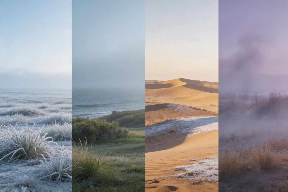 Stylized late October in the Northern Hemisphere&mdash;hard frost north, mild south, desert swing&mdash;soft bands.