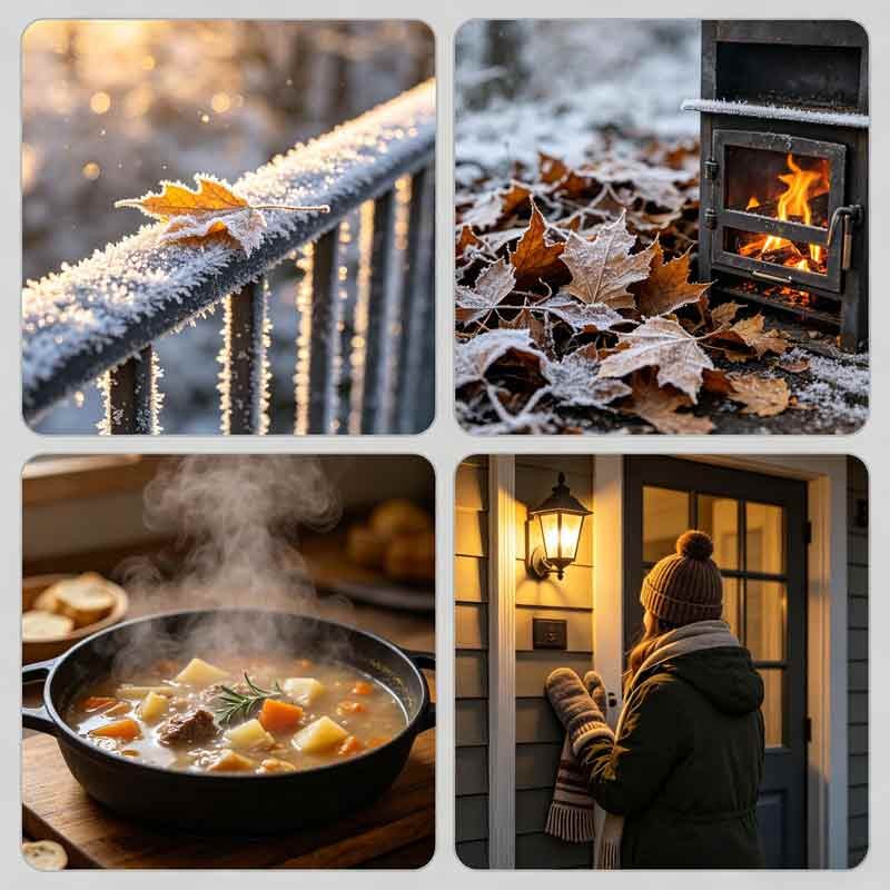 Four panels: frost sparkle, cedar steam, stew steam, porch light&mdash;Shuang Jiang rituals.