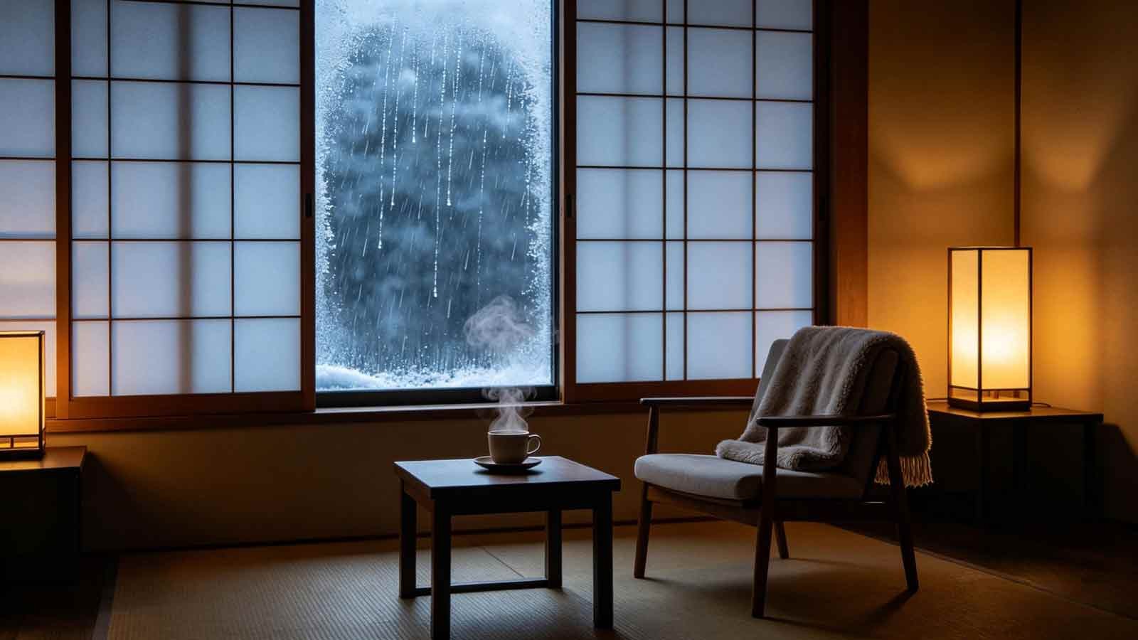 Quiet indoor warmth against cool blue outdoors—Start of Winter (Li Dong).