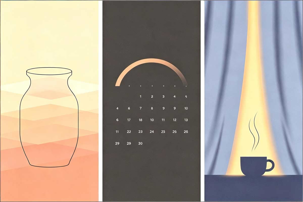 Three storages—pantry, calendar, nervous system—abstract soft panels.
