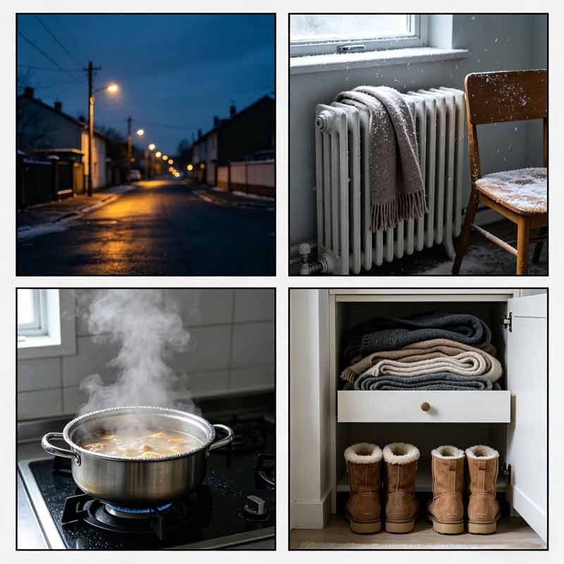Four panels: lamplit desk, stew steam, wool pull-on, early dark window—Li Dong rituals.