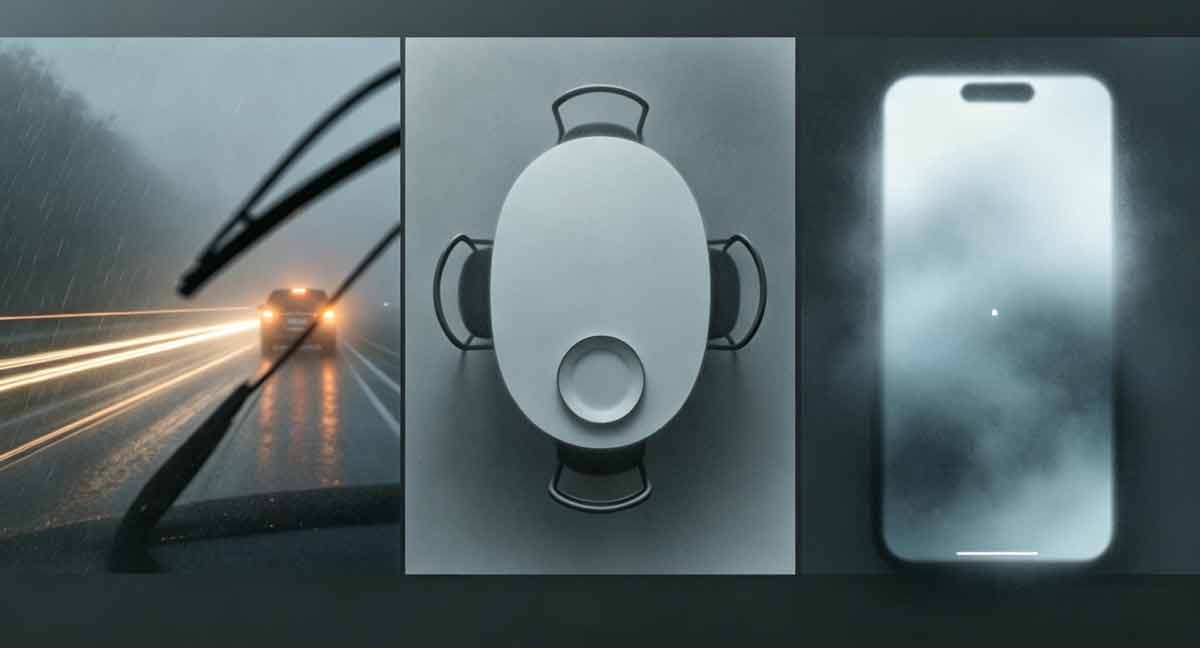 Three quiets—traffic jam, family table, anxious inbox—abstract panels.