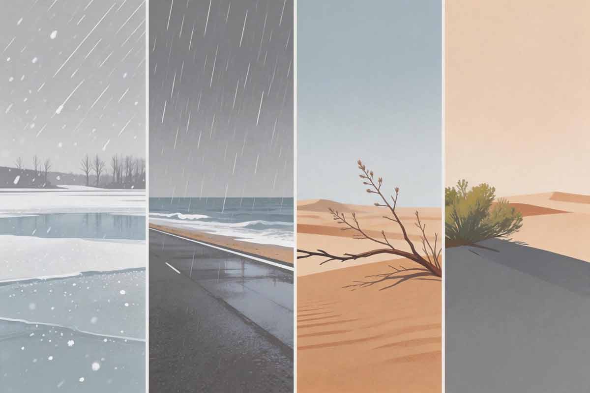 Stylized late November in the Northern Hemisphere—lake snow, rainy coast, dry cold, mild south—soft bands.