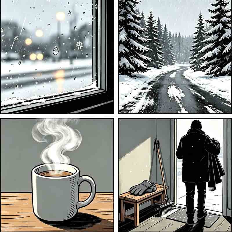 Four panels: flake at window, cedar, cocoa steam, windshield wiper—Xiao Xue rituals.