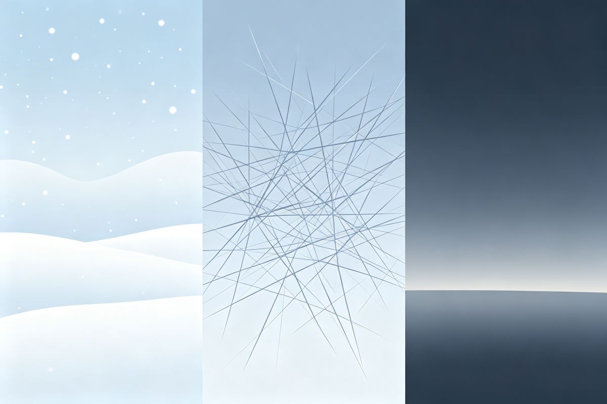 Three Decembers—solar pacing, inbox sprint, nervous system tired—abstract panels