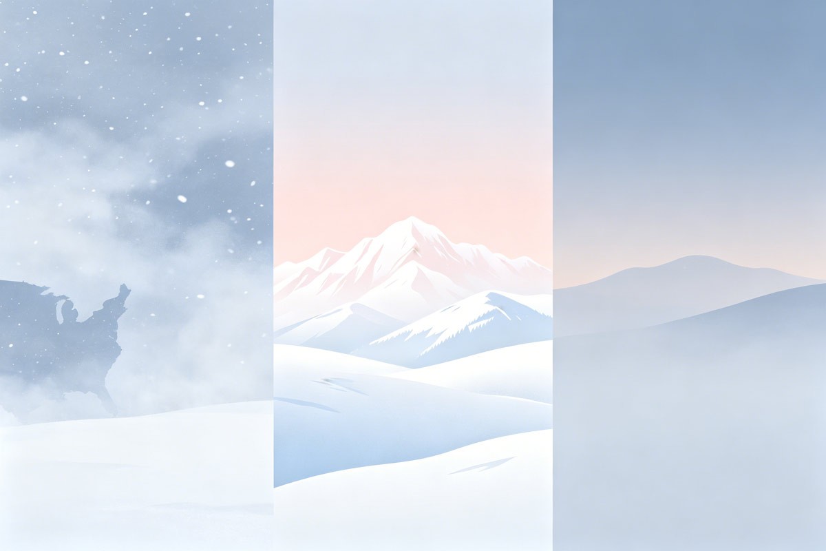 Stylized US December—nor'easter grey, Rockies powder, mild south night—soft bands
