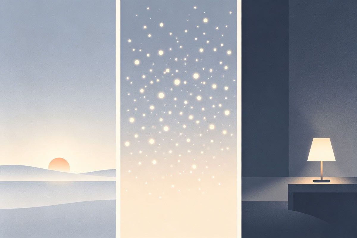 Three lights—sun math, LED tree, nervous system tired—abstract panels