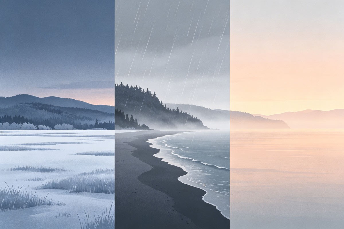 Stylized US late December—frozen north, rainy coast, mild south dusk—soft bands